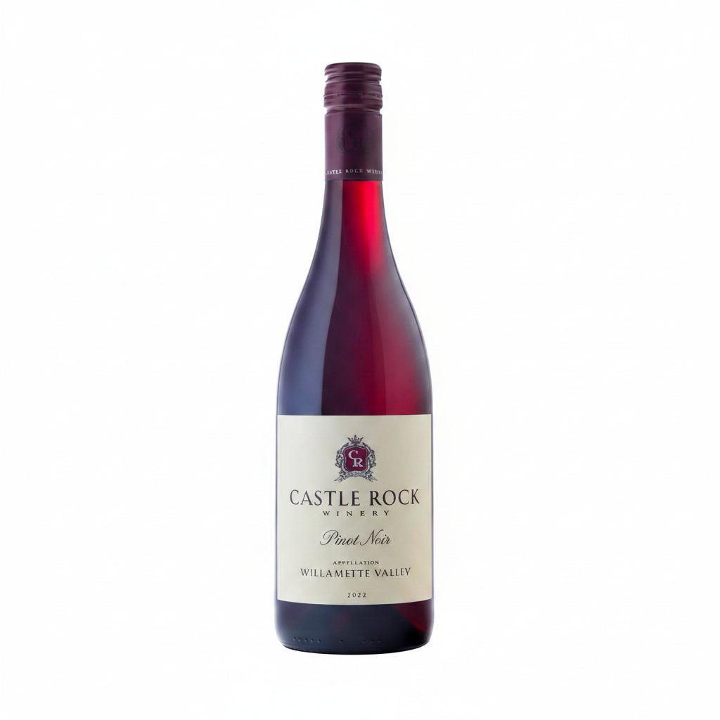 Bottle of Pinot Noir from Willamette Valley, 750mL, with dark red wine in a glass showing its rich, deep color.