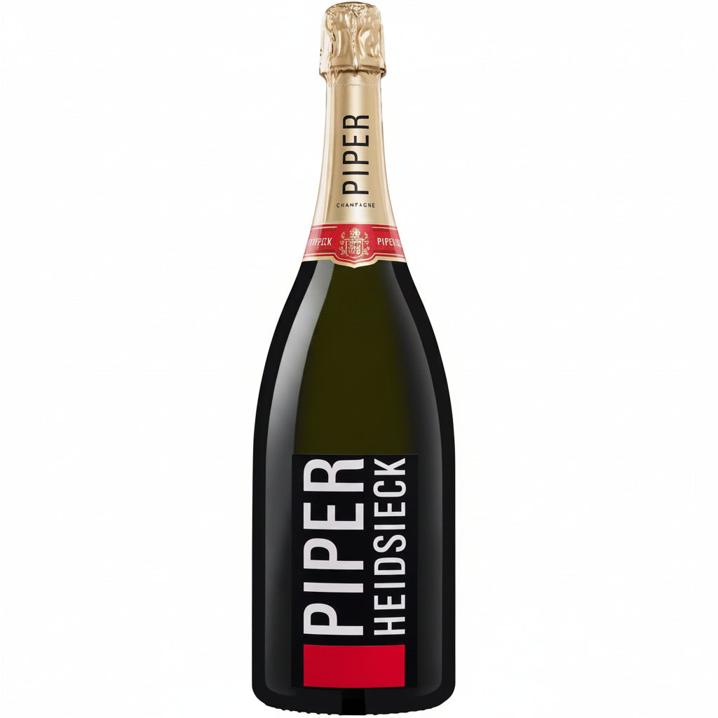 Piper-Heidsieck Luminous champagne bottle with elegant label and glowing design, illuminated in a stylish setting.