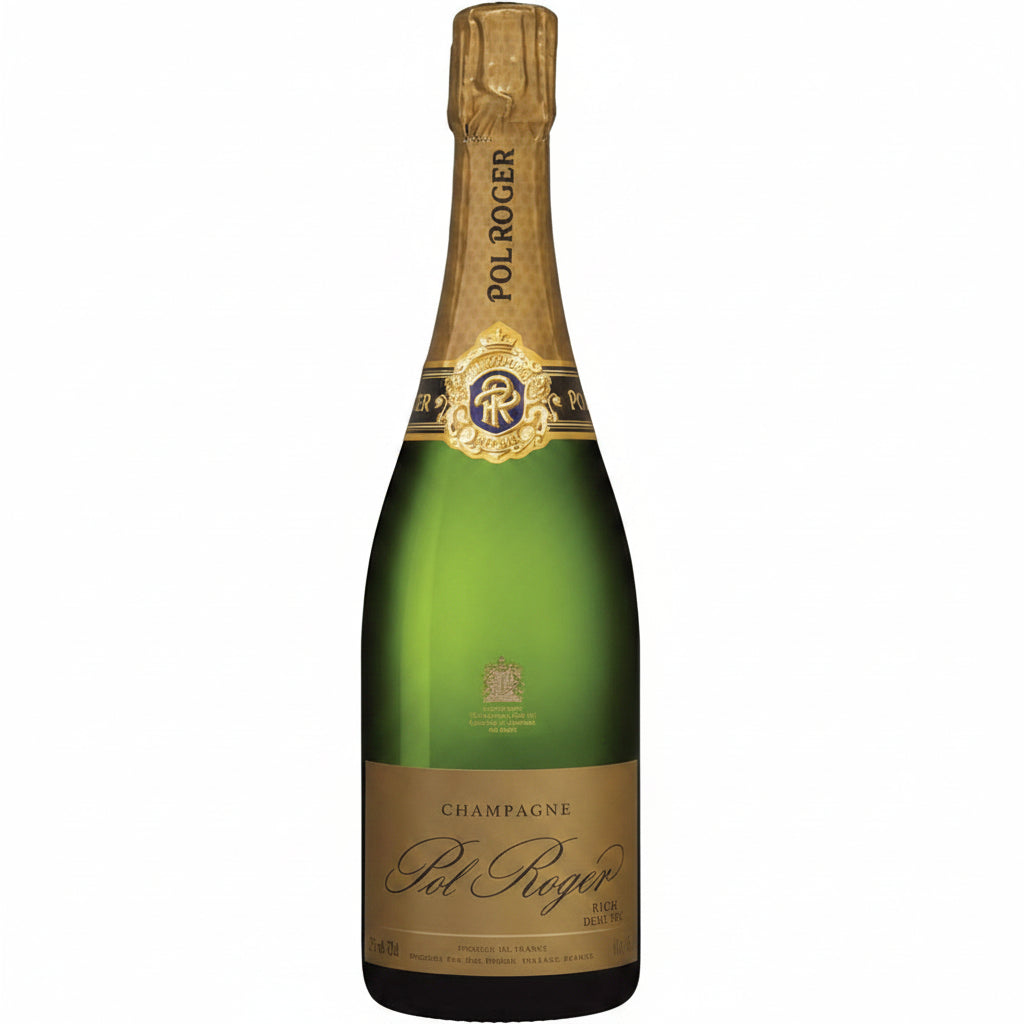 Pol Roger Rich Demi Sec champagne bottle with gold foil and elegant label, showcasing a luxurious sparkling wine.
