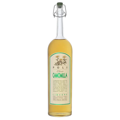 Poli Elixir Camomilla herbal liqueur in 700mL bottle, showcasing the clear glass bottle with a label and cap.