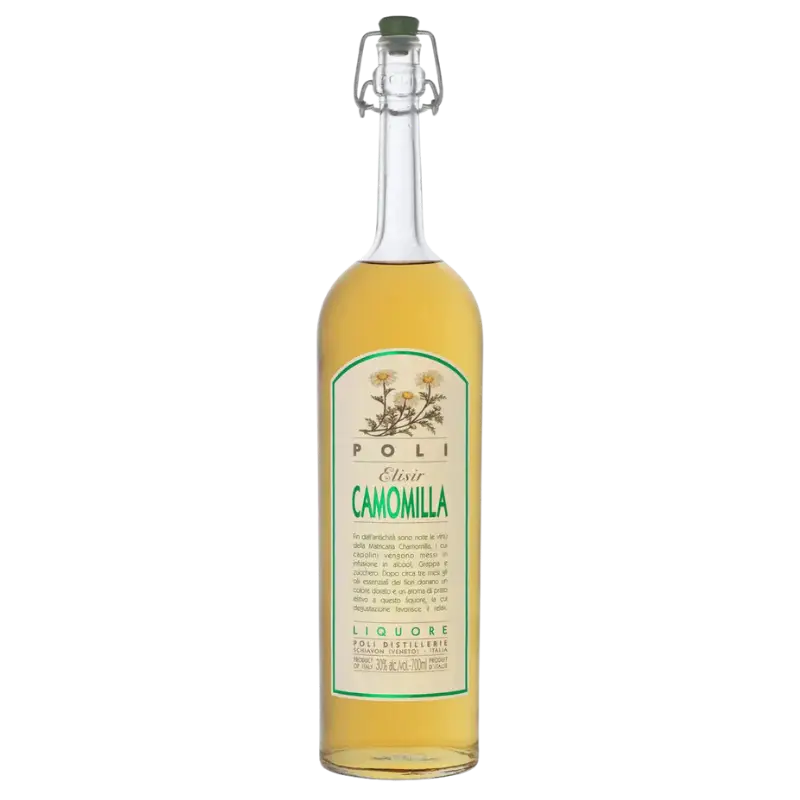 Buy Poli Elisir Camomilla 700mL bottle, a chamomile liqueur with clear label and floral design.