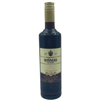 Polish cherry rum bottle labeled Wisniak Na Rumie Galeon Rum, 750mL, with cherries and rum in a clear glass bottle