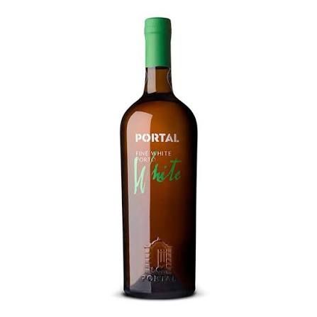 A bottle of Portal Fine White Port wine with a white label, 750mL size, displayed upright on a neutral background.