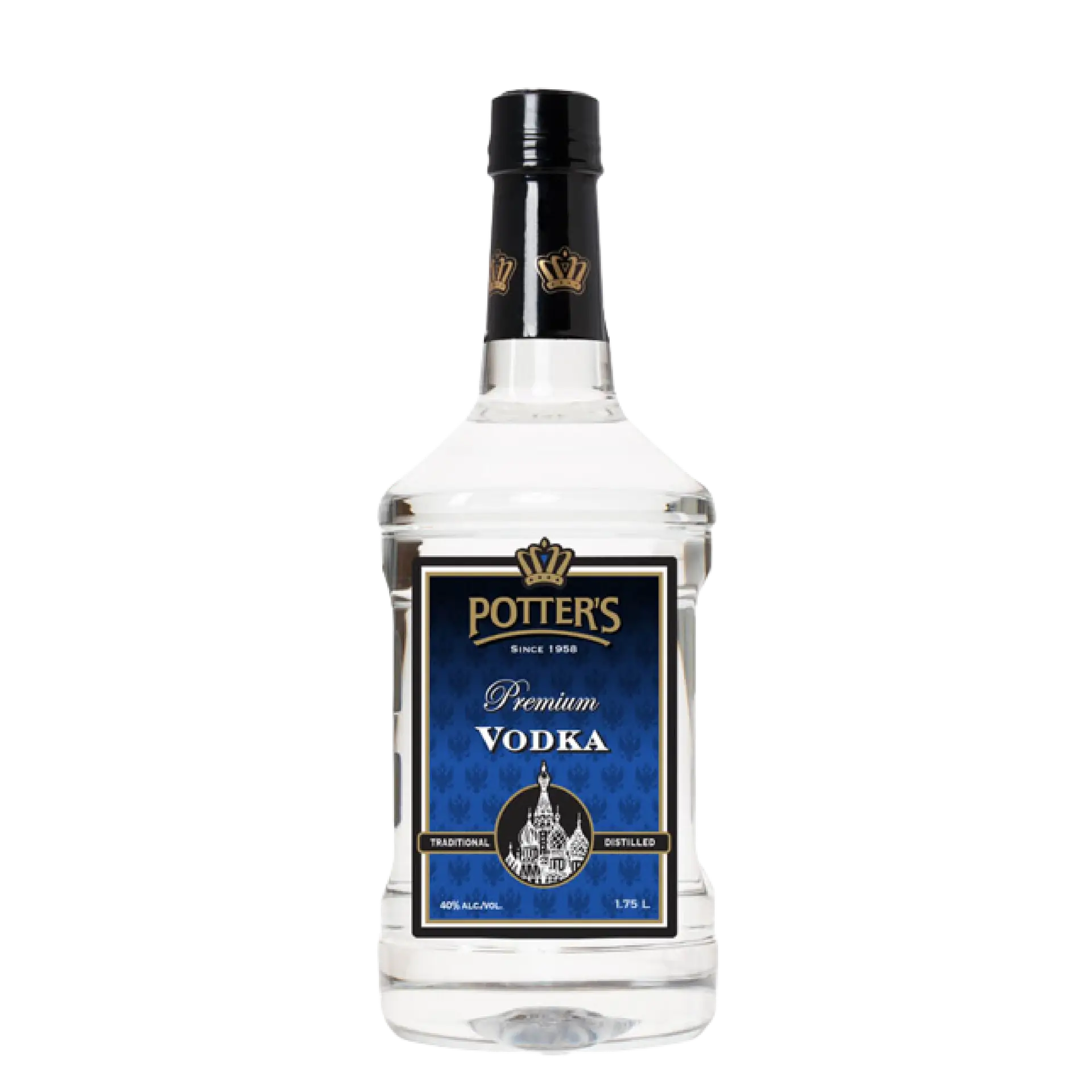 Buy Potter's Premium Vodka 1.75L, clear vodka bottle with blue and gold label