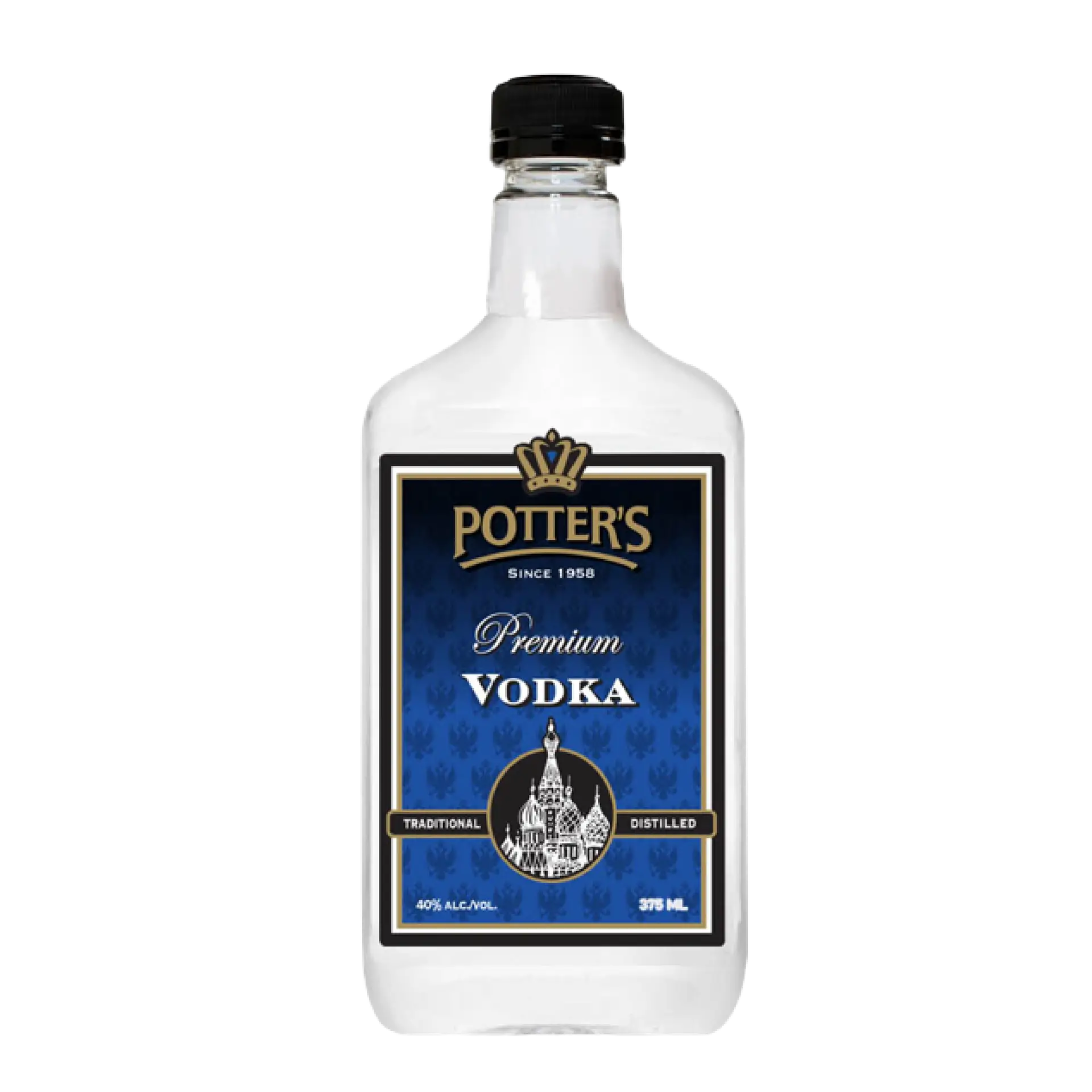 Buy Potter's Premium Vodka 375mL clear bottle with blue label, perfect for cocktails.