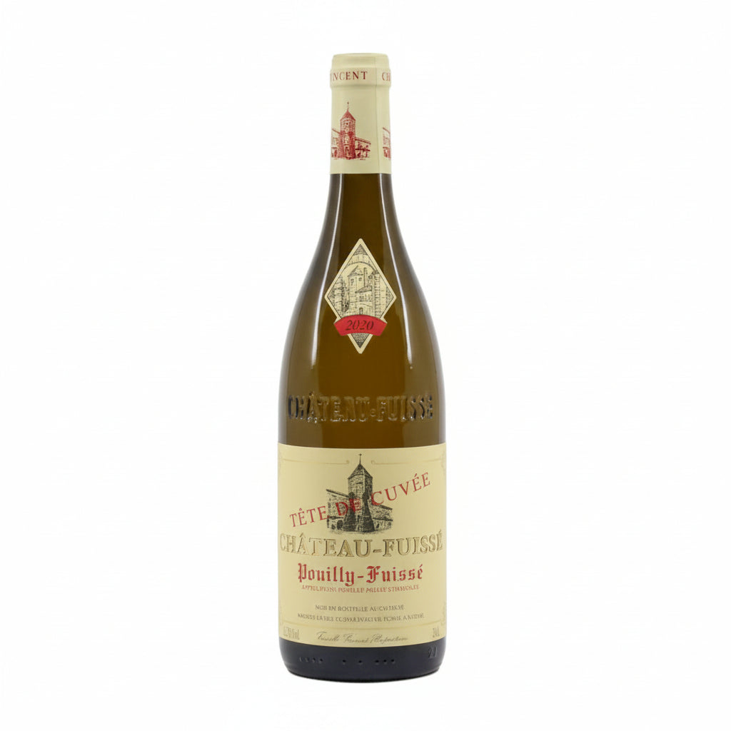 Bottle of Pouilly Fuisse Chateau Bois De La Salle white wine with a label featuring elegant design and vineyard scenery.