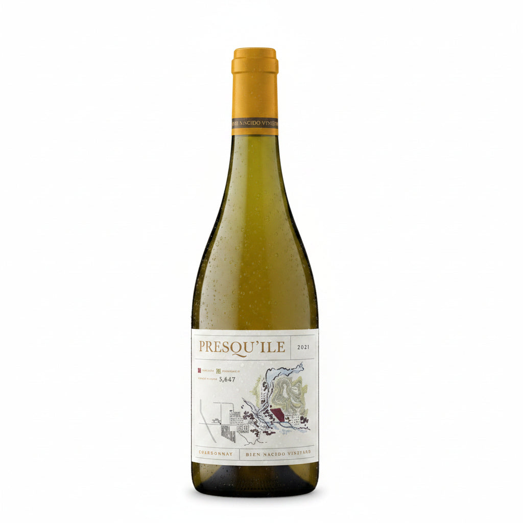 Presquile Bien Nacido Chardonnay wine bottle, 750mL, with label featuring vineyard and elegant design, on a neutral background.