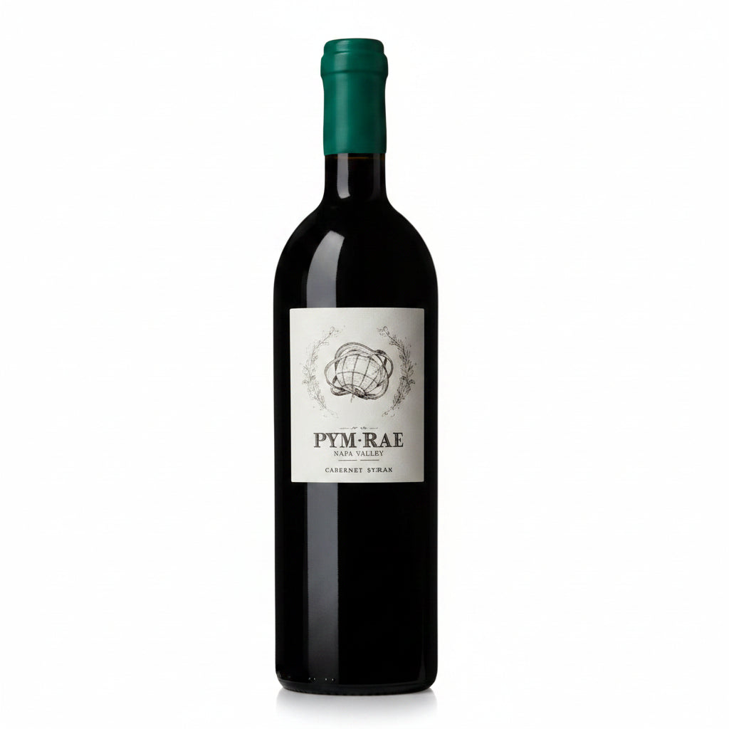 Bottle of Pym-Rae Tesseron Estate Napa Valley 2017 red wine in a 750mL bottle, with a label featuring vineyard imagery.