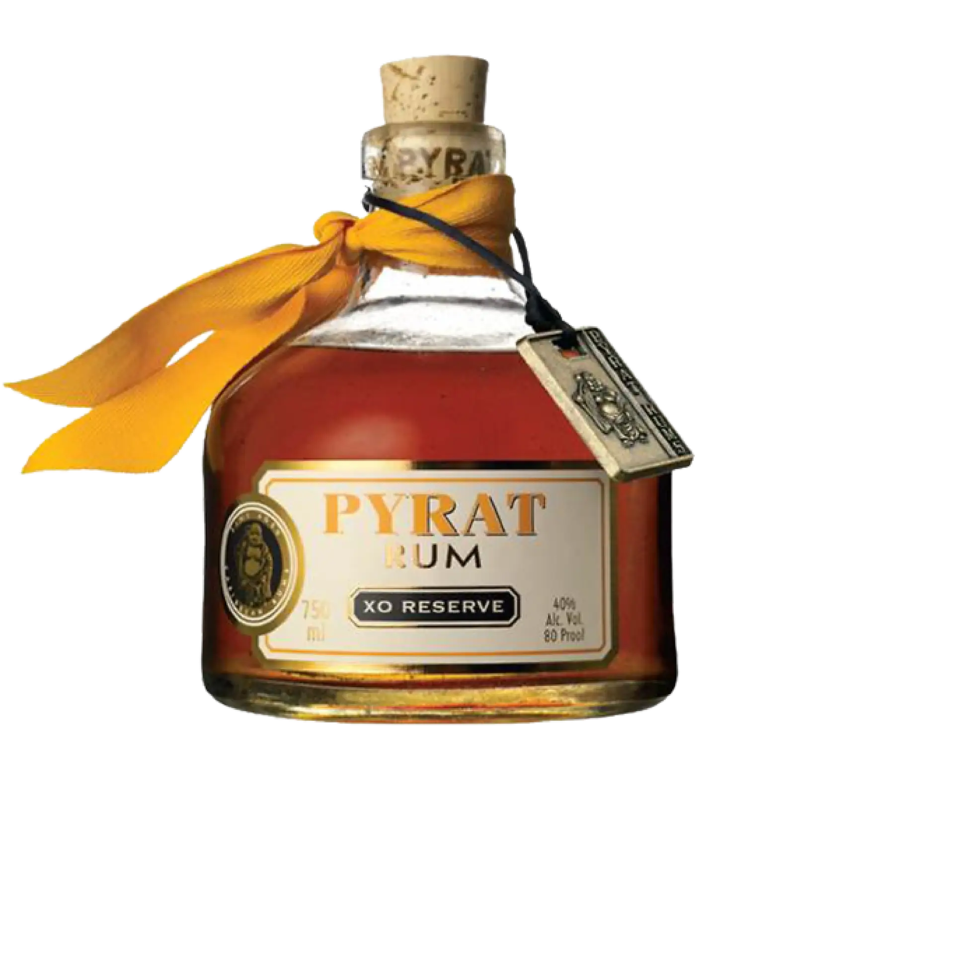 buy Pyrat XO Reserve Rum 750mL, amber spirit in squat bottle with gold ribbon and label