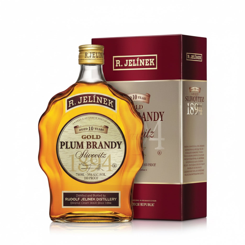 R. Jelinek Gold Plum Brandy, Kosher Slivovitz aged 10 years in a 700mL bottle, featuring a rich golden color and elegant label.