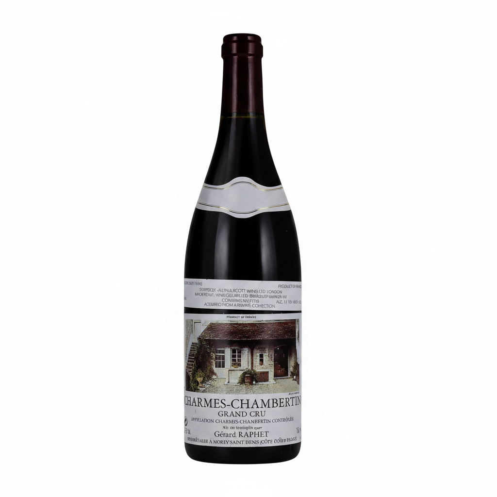 Bottle of Raphet Charmes Chambertin Grand Cru red wine with a classic label and elegant presentation.