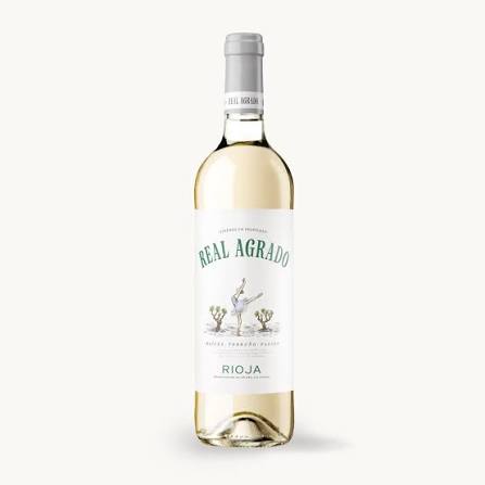 Bottle of Real Agrado Rioja Blanco white wine in a 750mL bottle, featuring a clear label and elegant glass design.