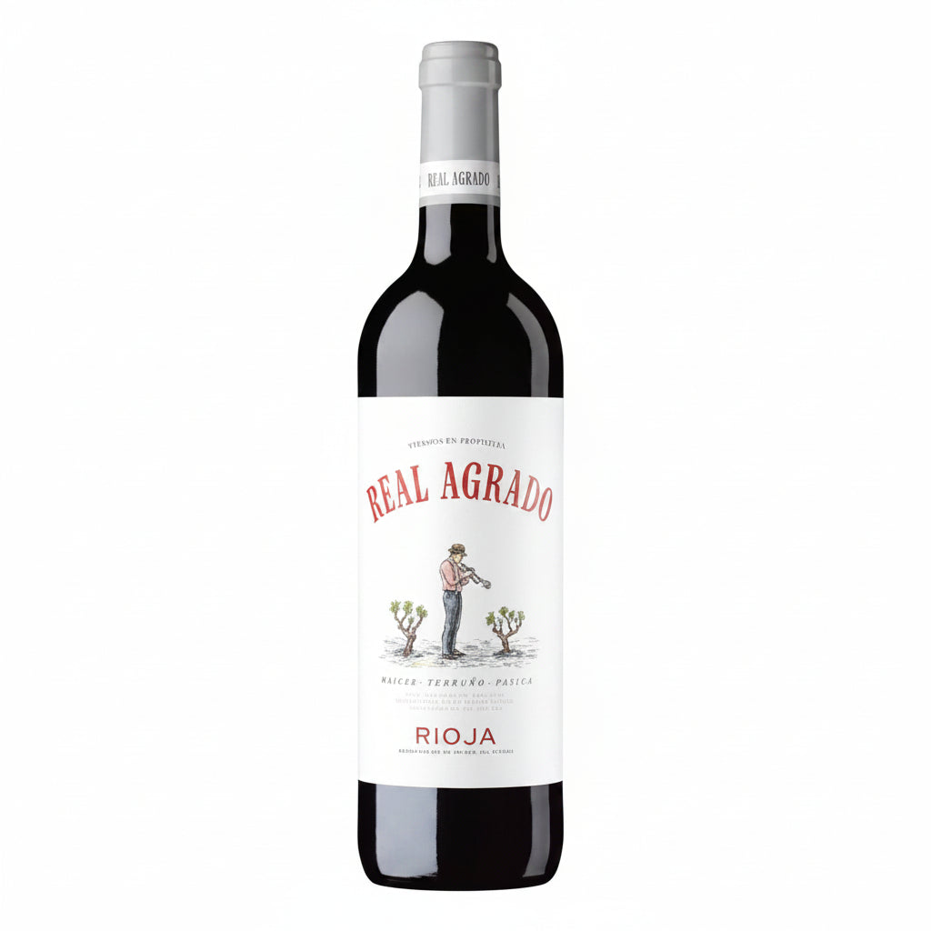 Bottle of Real Agrado Rioja Tinto red wine in a 750mL bottle with a dark label and gold accents.