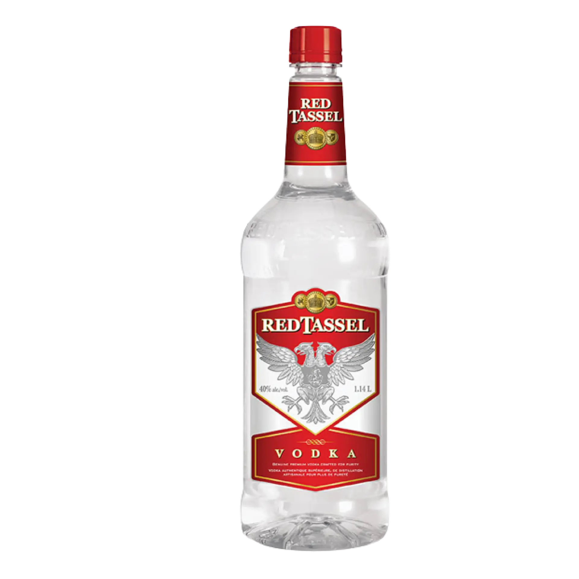Buy Red Tassel Vodka 1.14L, clear vodka bottle with red and gold label