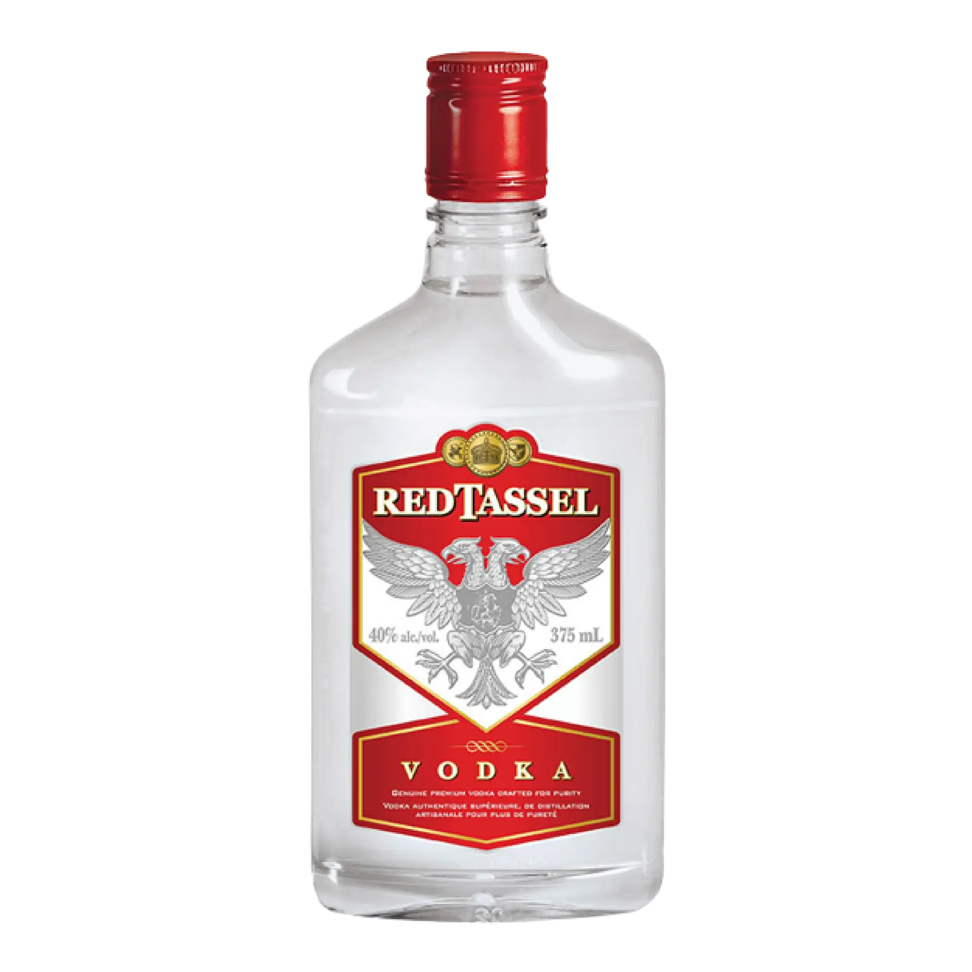 Buy Red Tassel Vodka 375mL clear glass bottle with red cap and label featuring silver eagle.