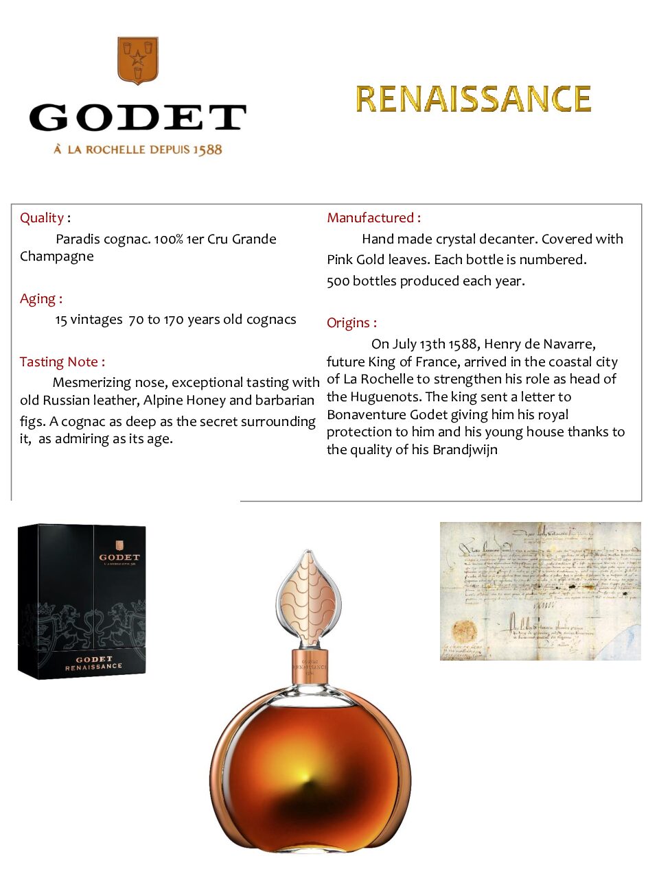 Godet Renaissance Grande Champagne Cognac 700Ml Bottle Image