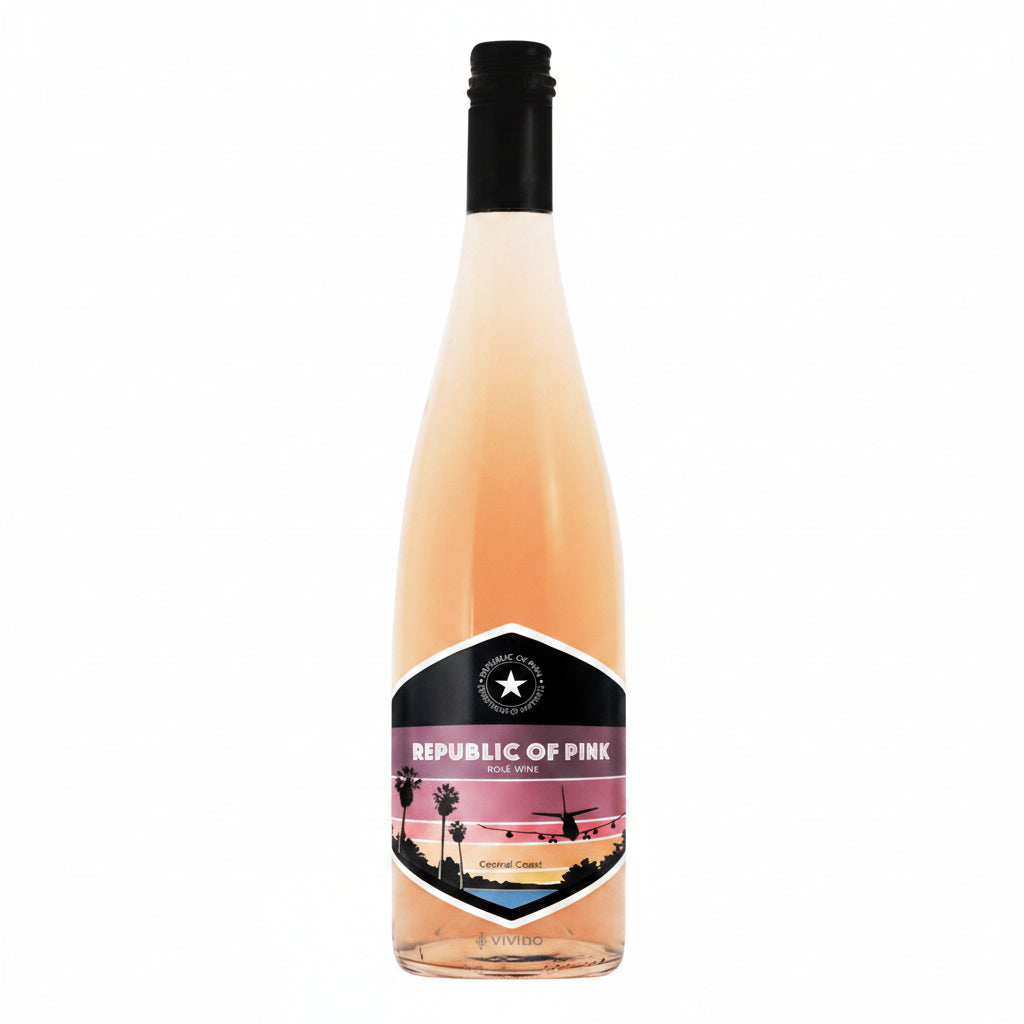 Bottle of Republic of Pink California Rose wine, 750mL, with a pink label and elegant design on a white background.