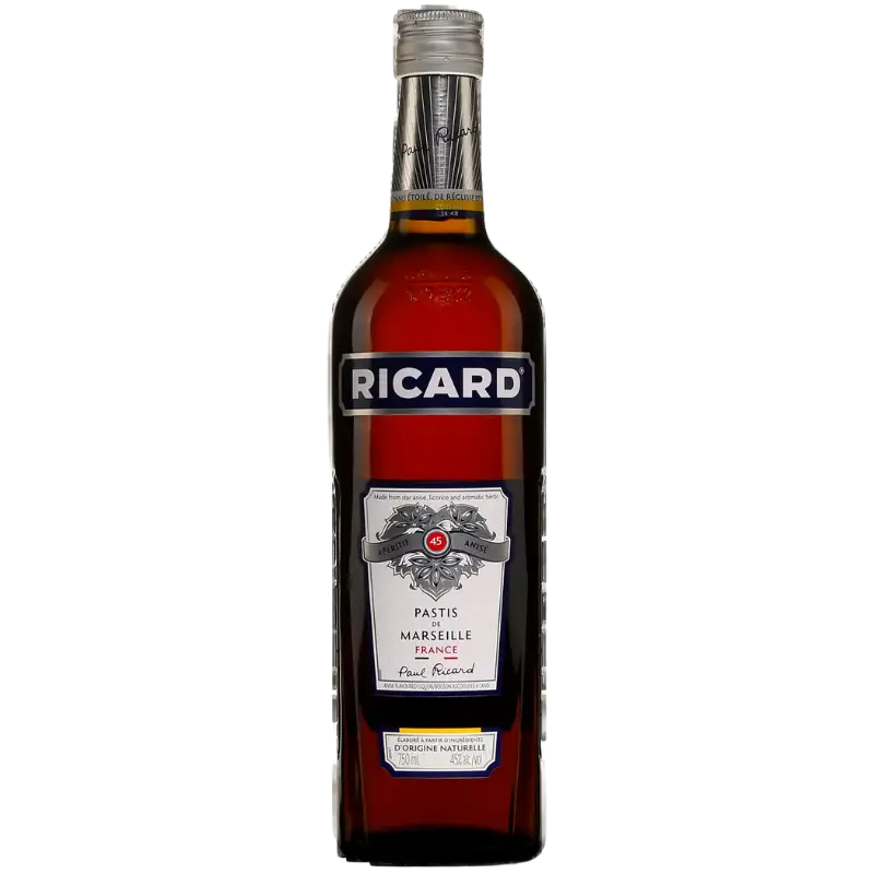 Buy Ricard Pastis 750mL bottle, French anise-flavored spirit with label and seal visible.