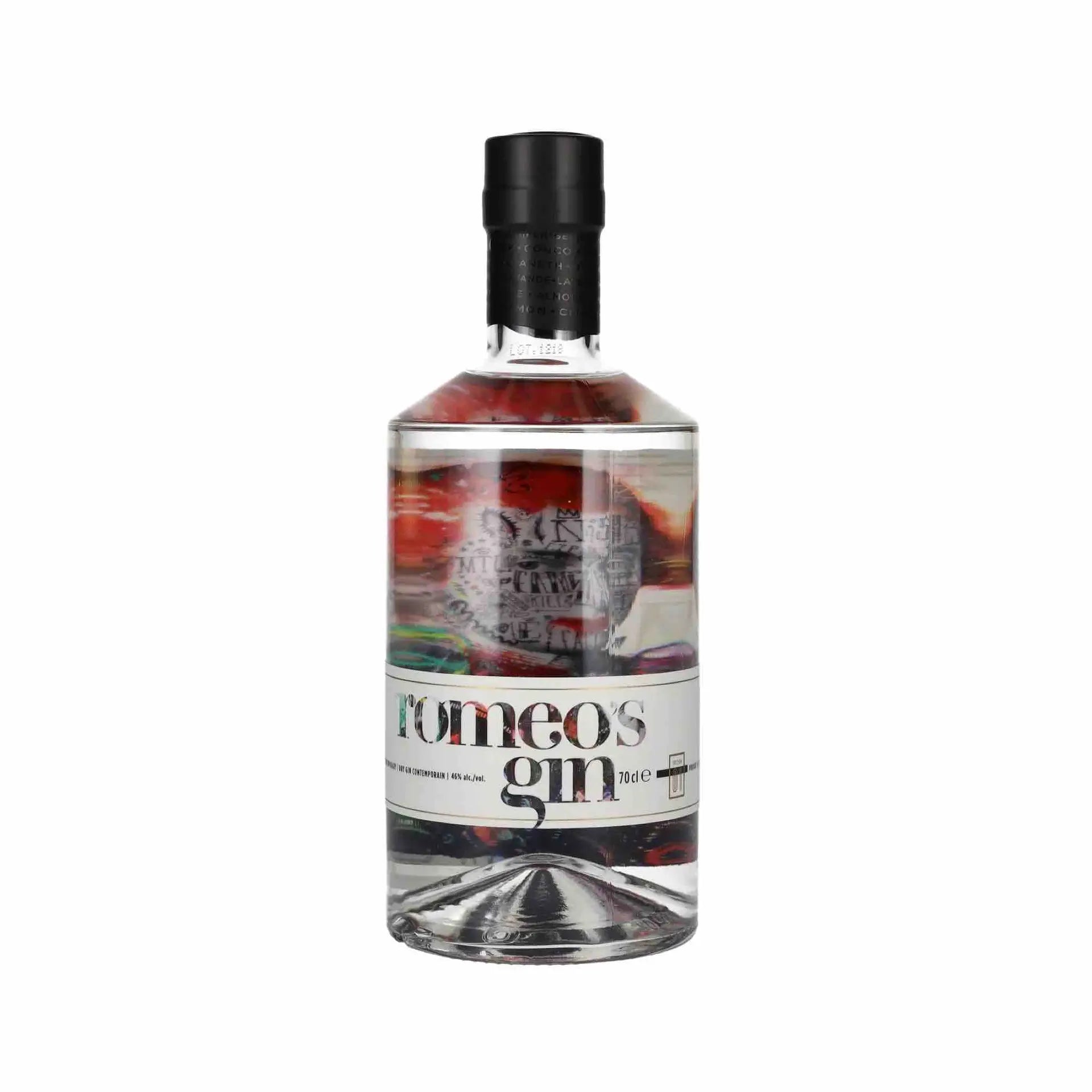 Buy romeos gin 750mL, clear gin bottle with bold label and colorful artwork, spirits online