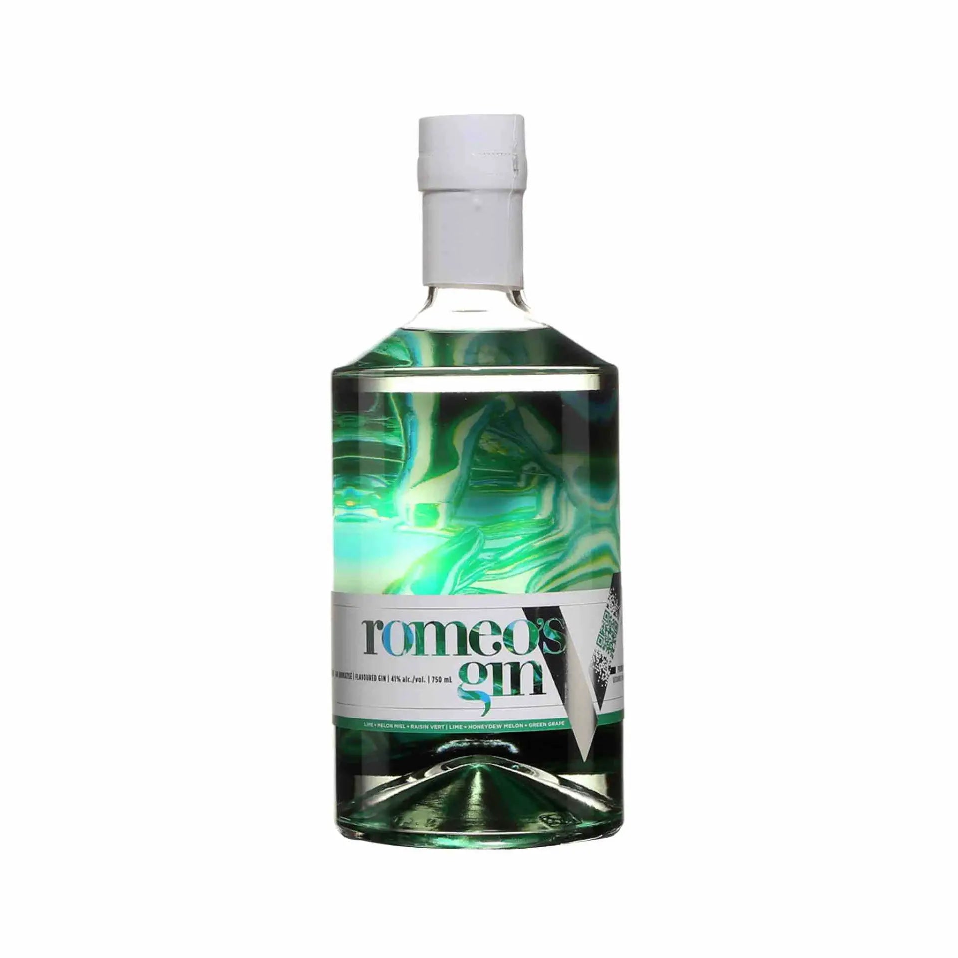 Buy Romeo's Gin V 750mL, green gin bottle with white label and artistic design