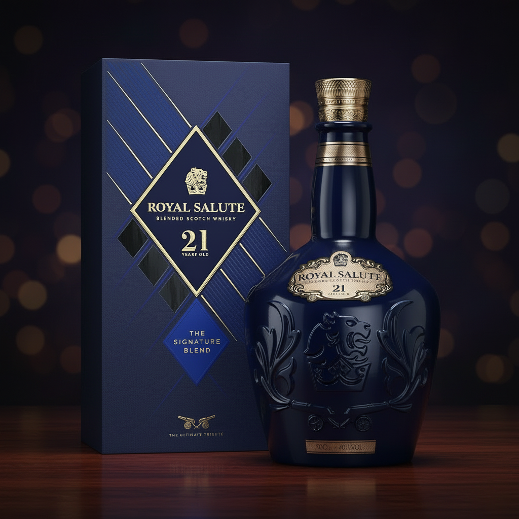 Royal Salute 21 Year Old whisky bottle by Chivas Regal, featuring a sleek design and gold accents on the label.