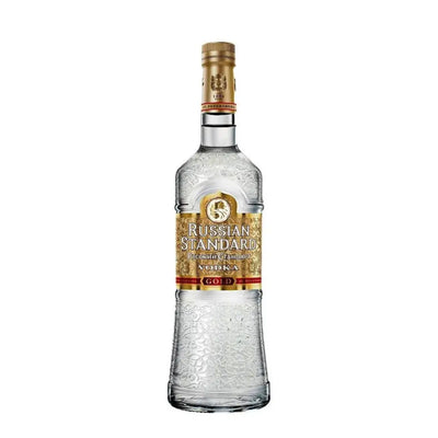 Russian Standard Gold Vodka 750mL bottle with gold accents and clear label, showcasing a premium Russian vodka product.