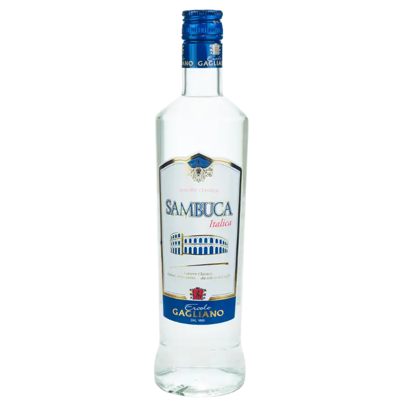 buy Sambuca Gagliano Italica 700mL clear glass bottle with blue and white label