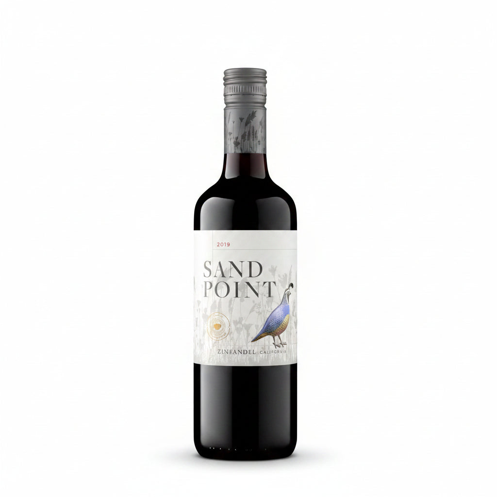 Bottle of Sand Point Zinfandel red wine in a 750mL bottle with a dark label, displayed upright on a neutral background.
