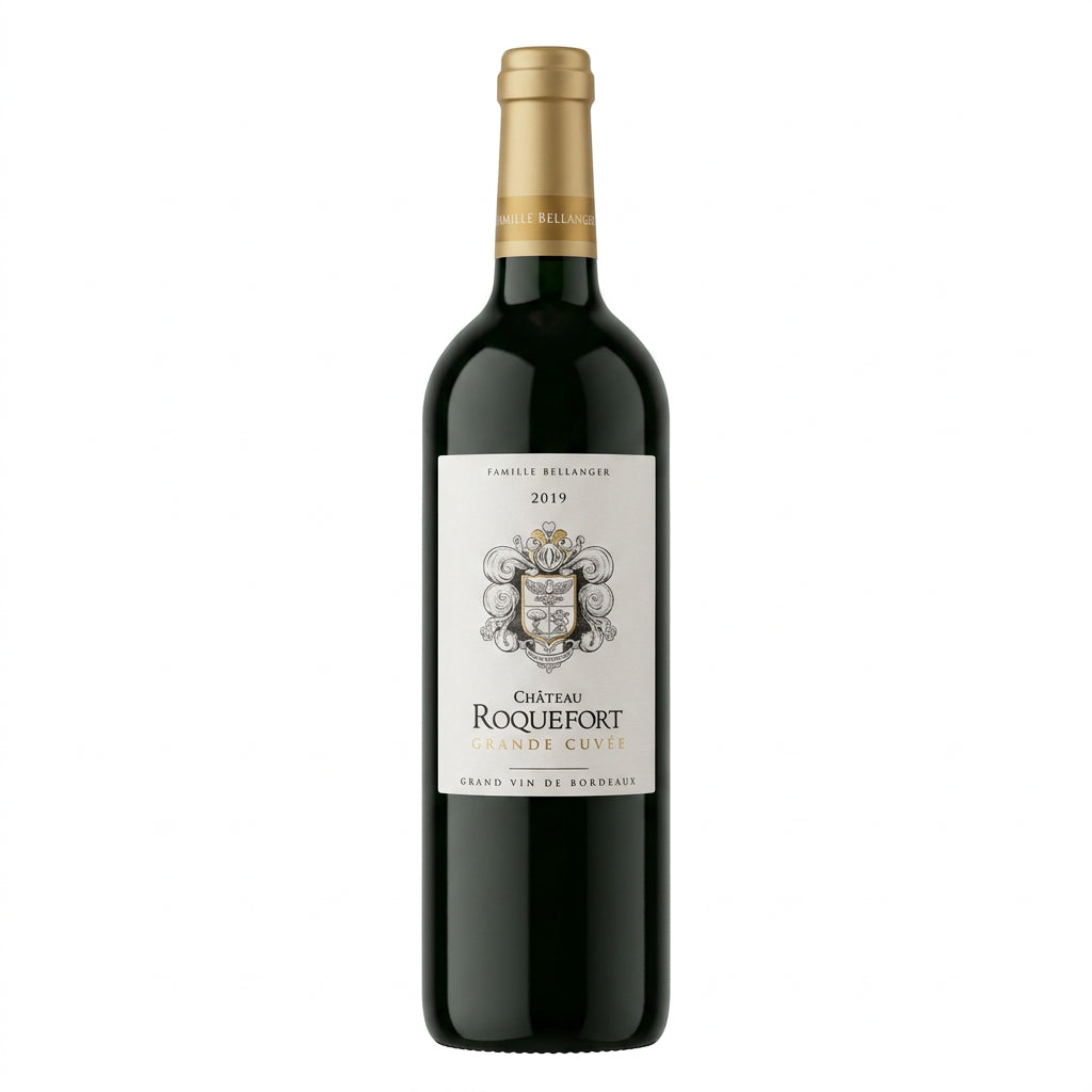 Chateau Roquefort Grande Cuvee Rouge wine bottle with label, featuring deep red wine and elegant Chateau branding.