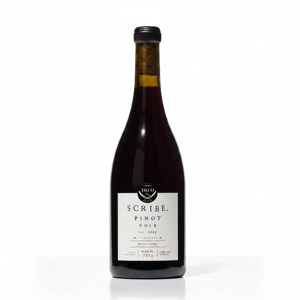 Bottle of Scribe Carneros Pinot Noir 750mL wine with label visible, showcasing a rich red wine from California's Carneros region.