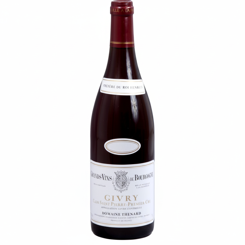 Bottle of Thenard Givry 1er Cru Clos Saint Pierre red wine with label visible, showcasing elegant wine packaging.