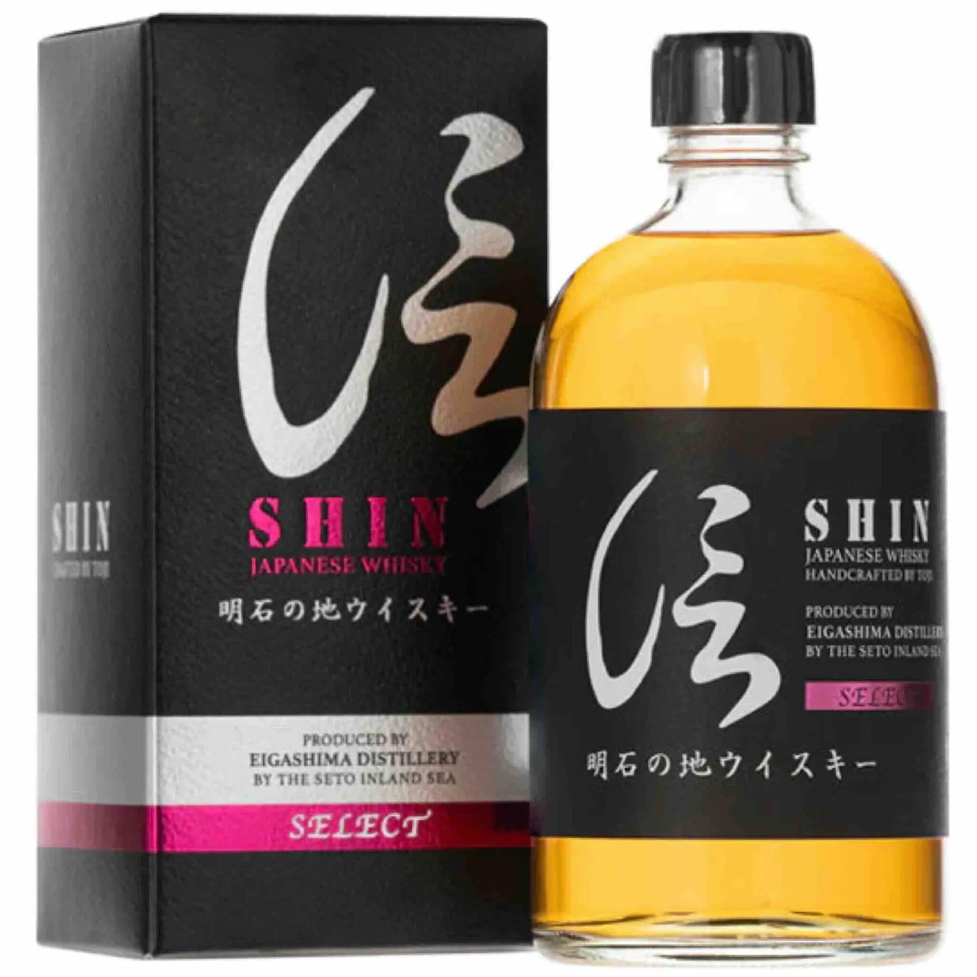 Buy Shin Blended Japanese whisky, bottle and box with black and pink label design