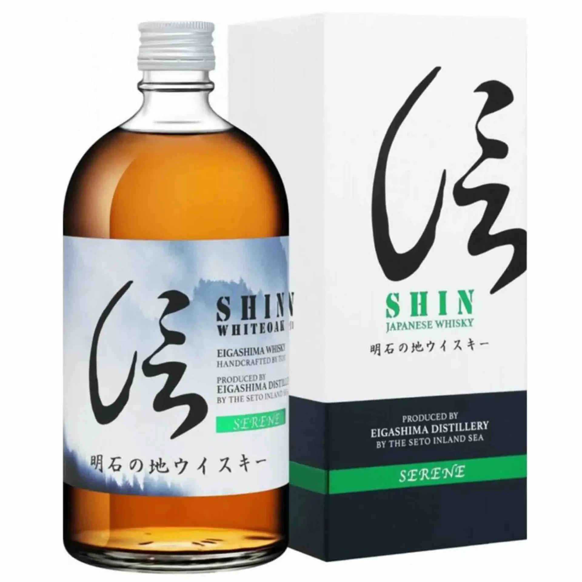 Buy Shin Serene Japanese whisky 700mL, bottle and box with modern white and green label.