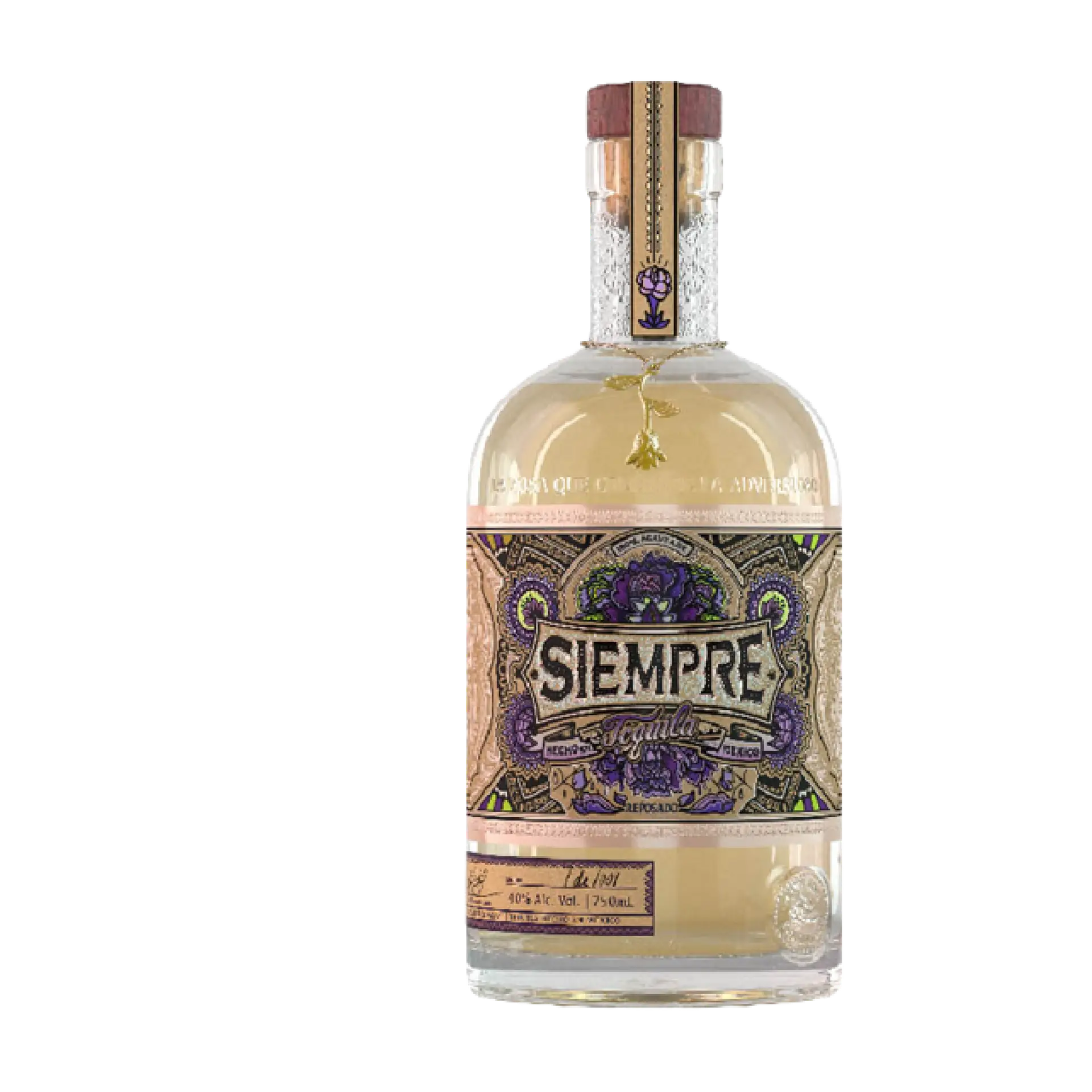 Buy Siempre Reposado 750mL tequila bottle with ornate label and clear gold liquid