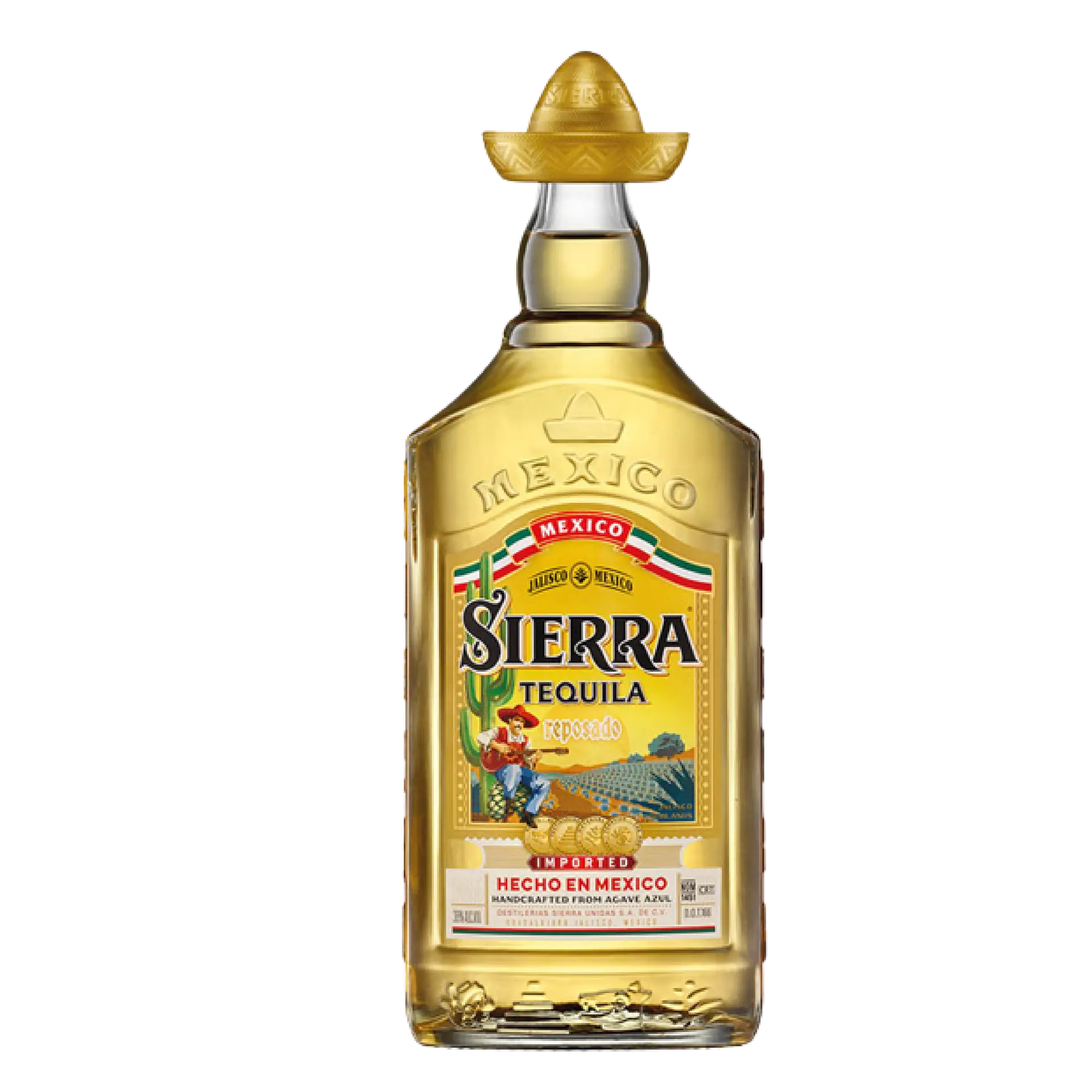 Buy Sierra Tequila Reposado 750mL, gold tequila bottle with yellow sombrero cap