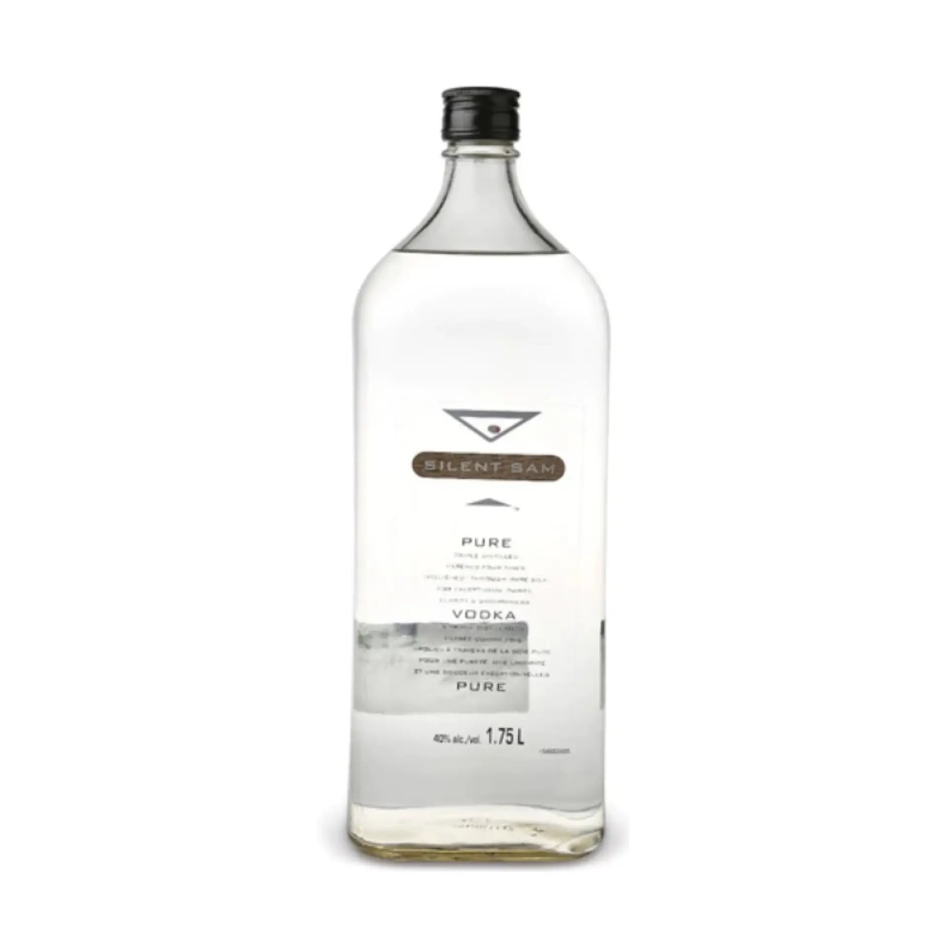 buy Silent Sam Vodka 1.75L, clear vodka bottle with black cap, spirits online