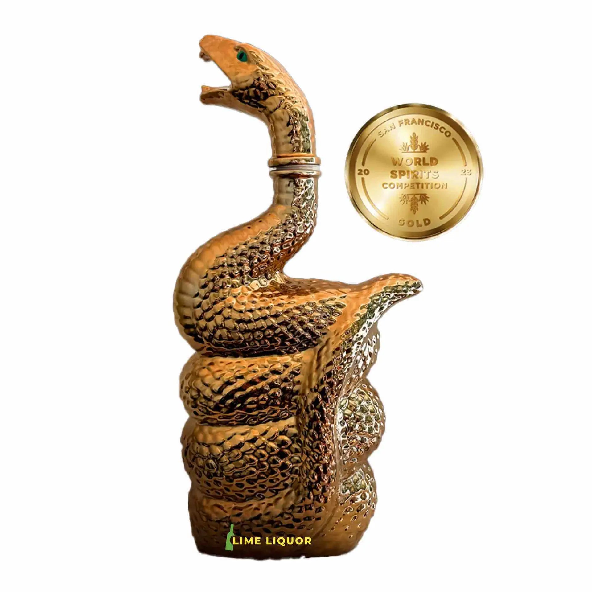 Buy Skorpios 1618 Tequila Anejo 750mL in a gold snake-shaped bottle, award-winning spirit