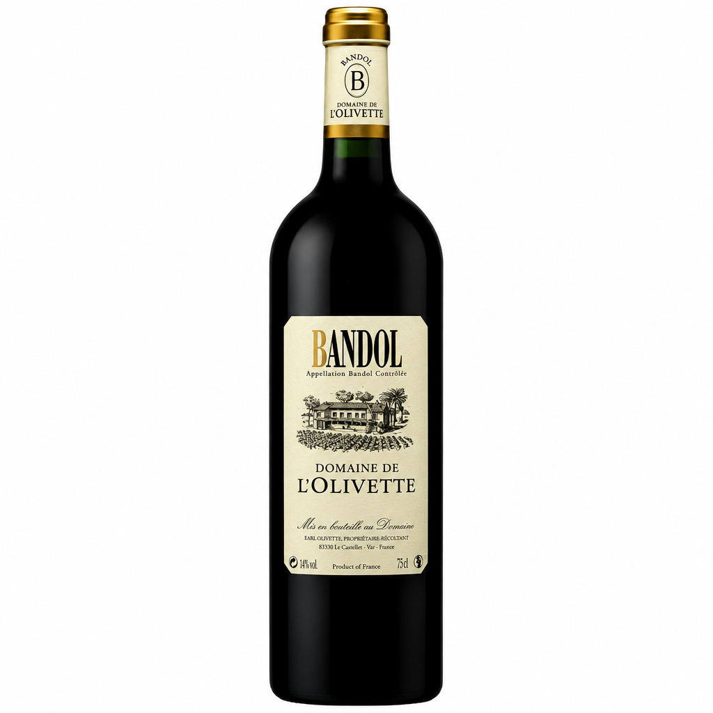 Bottle of Domaine De L'olivette Rouge VDP wine with a label featuring grapes and vineyards, in a 600x600 image.