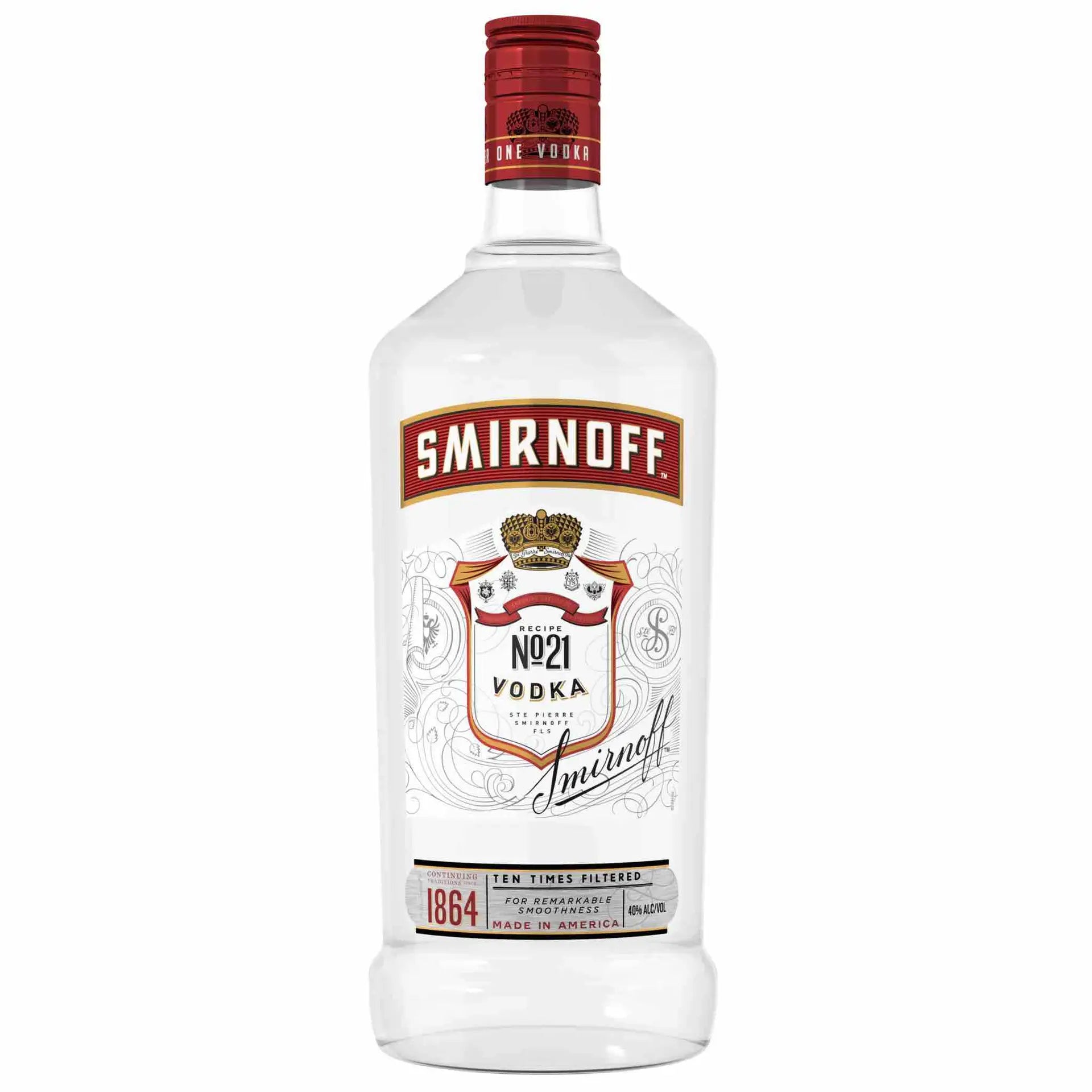 buy Smirnoff No. 21 Vodka 1.75L clear liquor bottle with red and white label