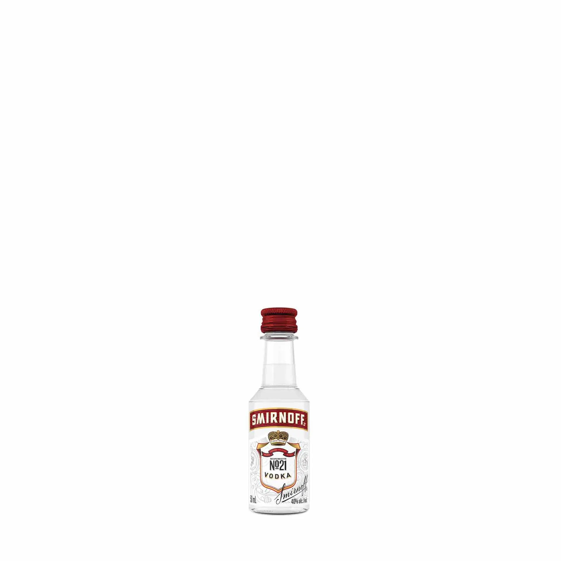 Buy Smirnoff No.21 Vodka 50mL mini bottle, clear spirit with red cap on white background