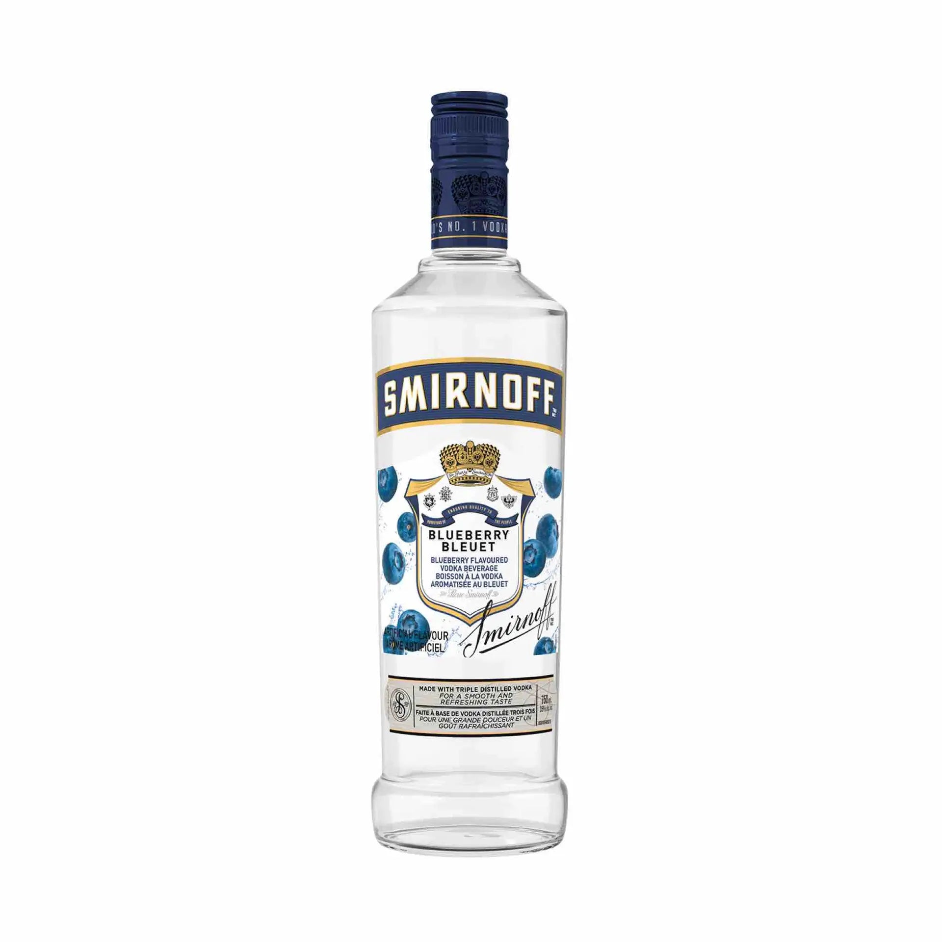 Buy Smirnoff Blueberry 750mL vodka bottle with blueberry flavor, clear glass, blue cap