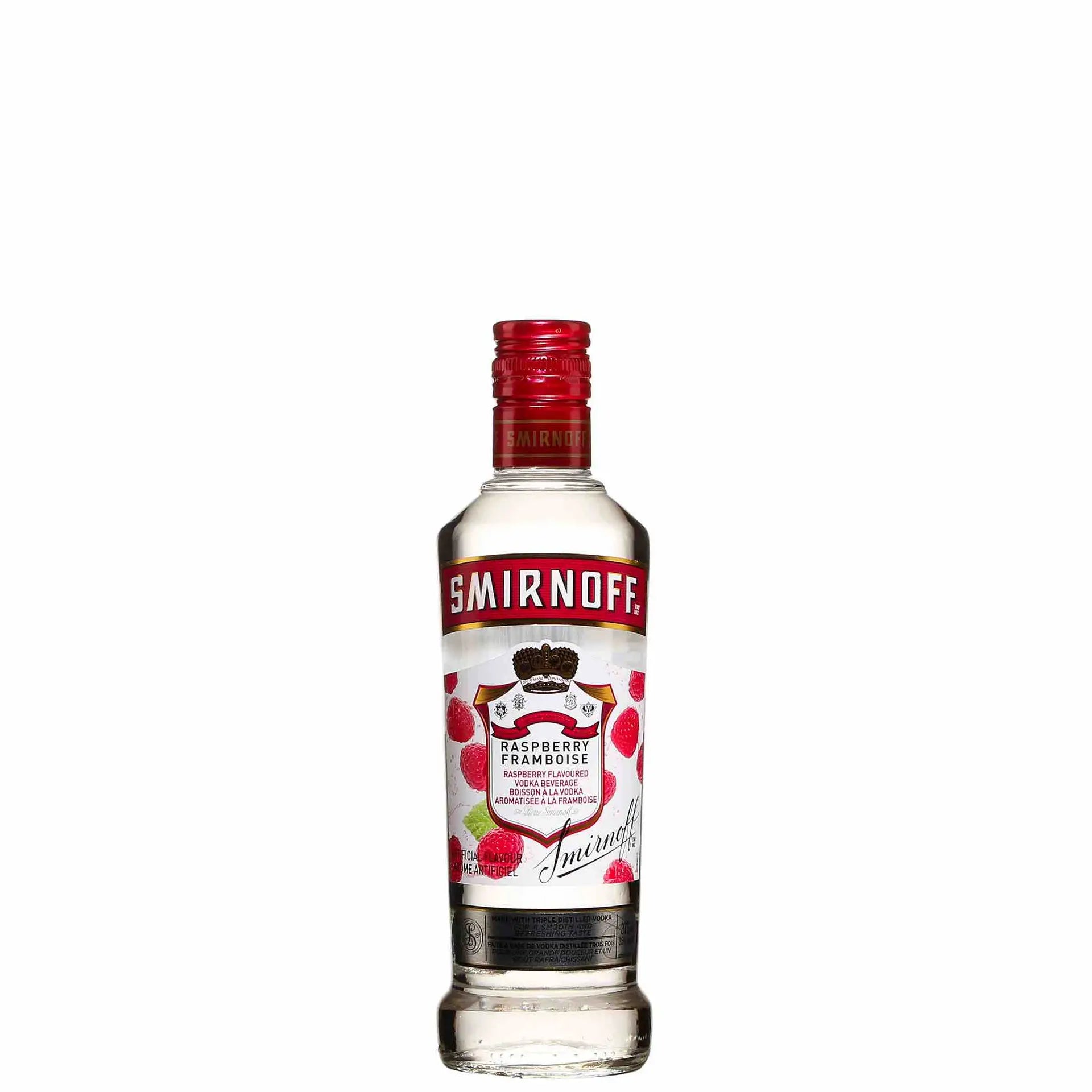 Buy Smirnoff Raspberry 375mL, clear vodka bottle with red label and raspberry imagery
