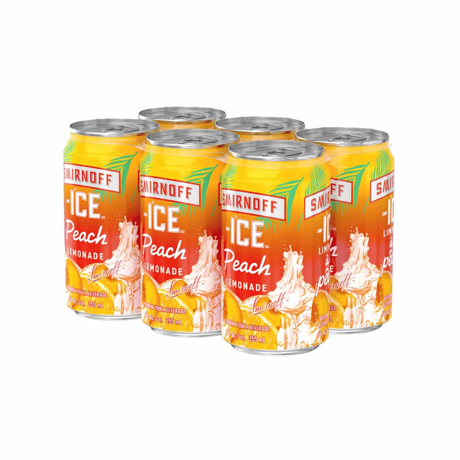 Buy Smirnoff Ice Peach Lemonade 6x355mL cans, vibrant peach and lemon design, flavoured vodka beverage