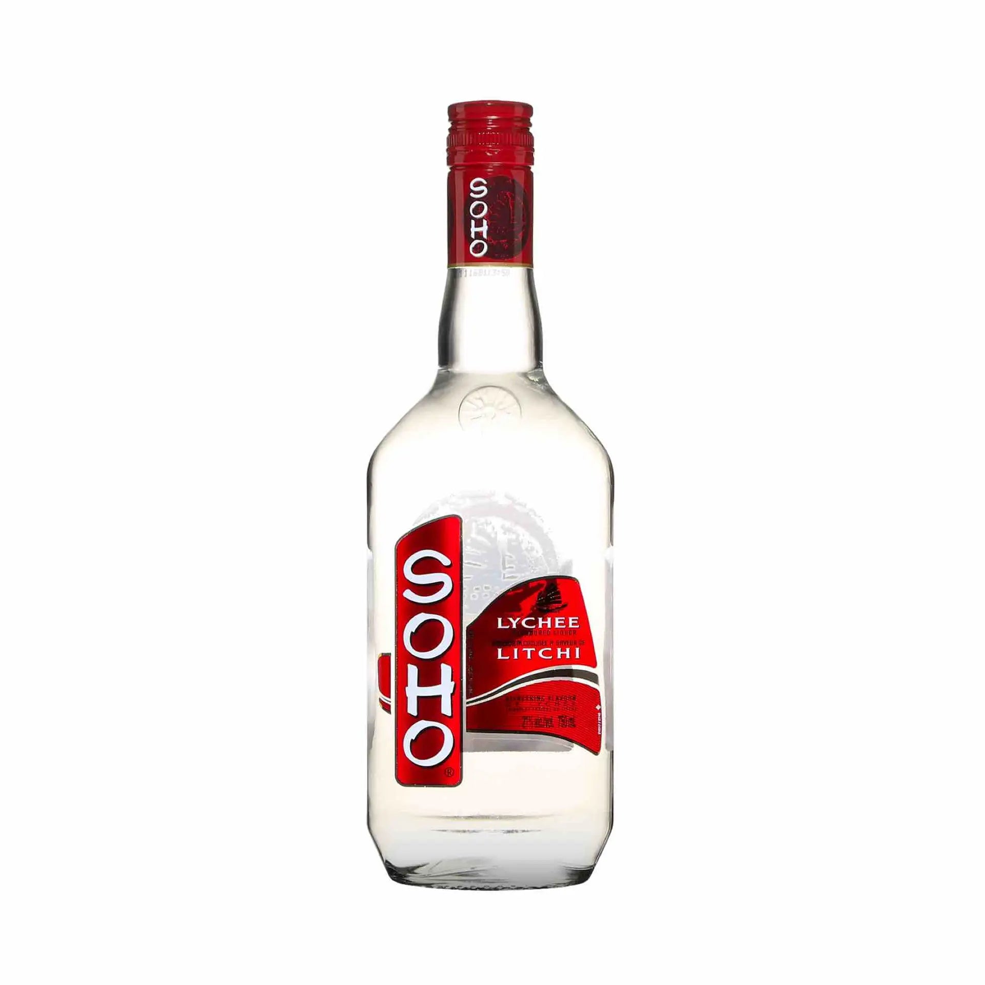 Buy Soho Lychee Flavoured Liquor 750mL, clear bottle with red label and cap