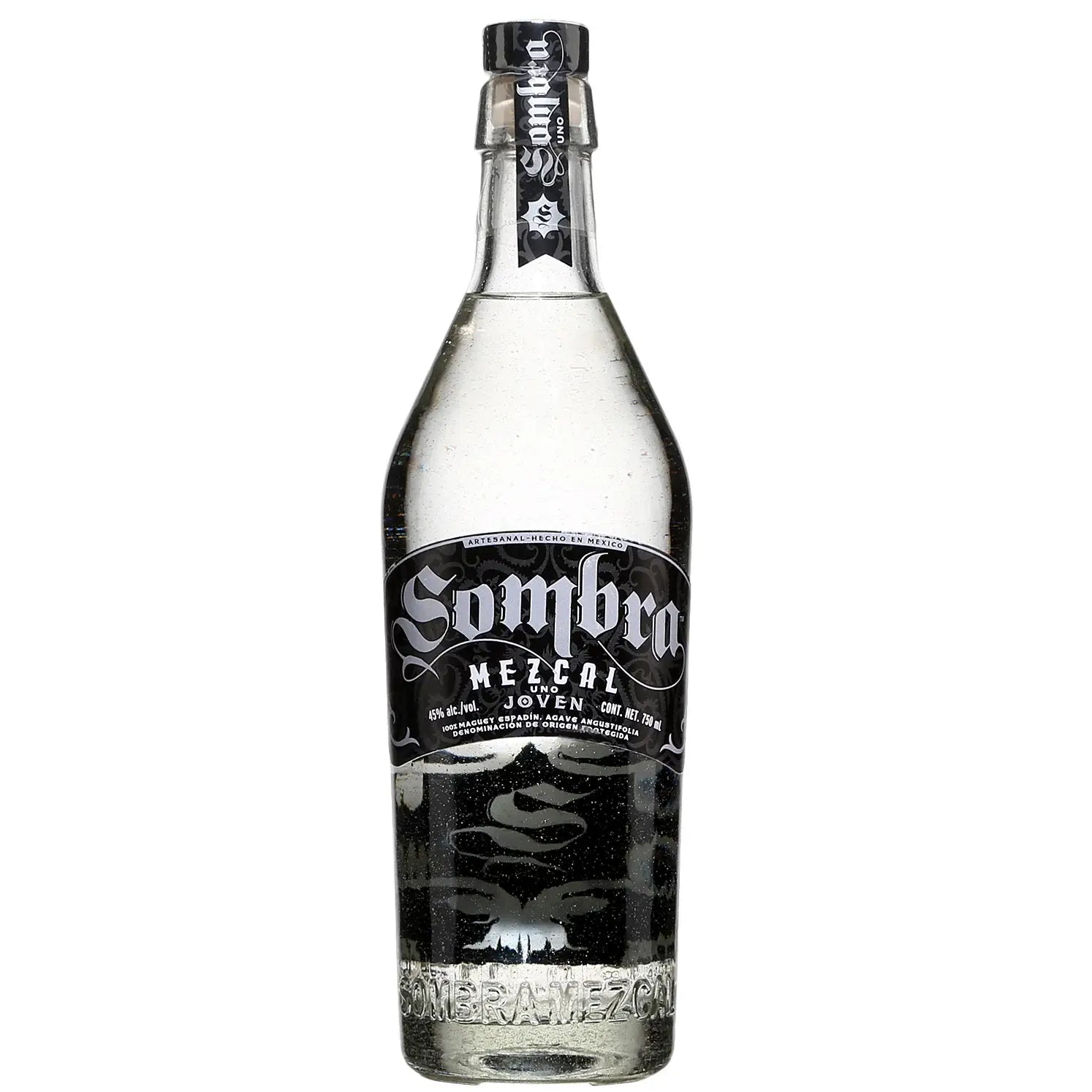 Buy Sombra Mezcal, clear glass bottle with black label and silver accents