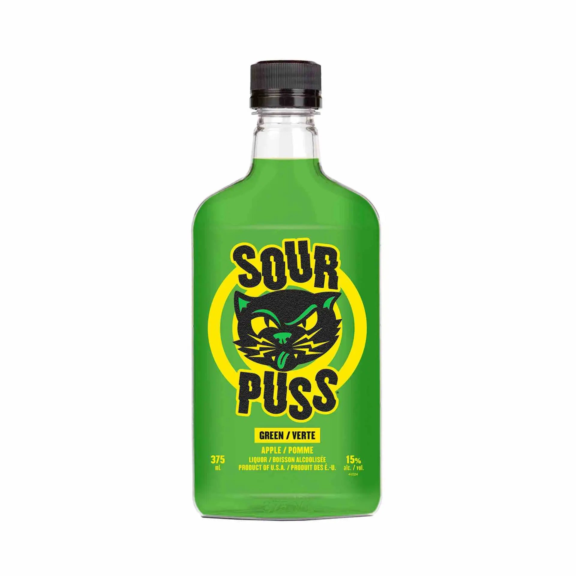 Buy Sour Puss Apple, green apple liqueur in a 375mL bottle with black cat logo.