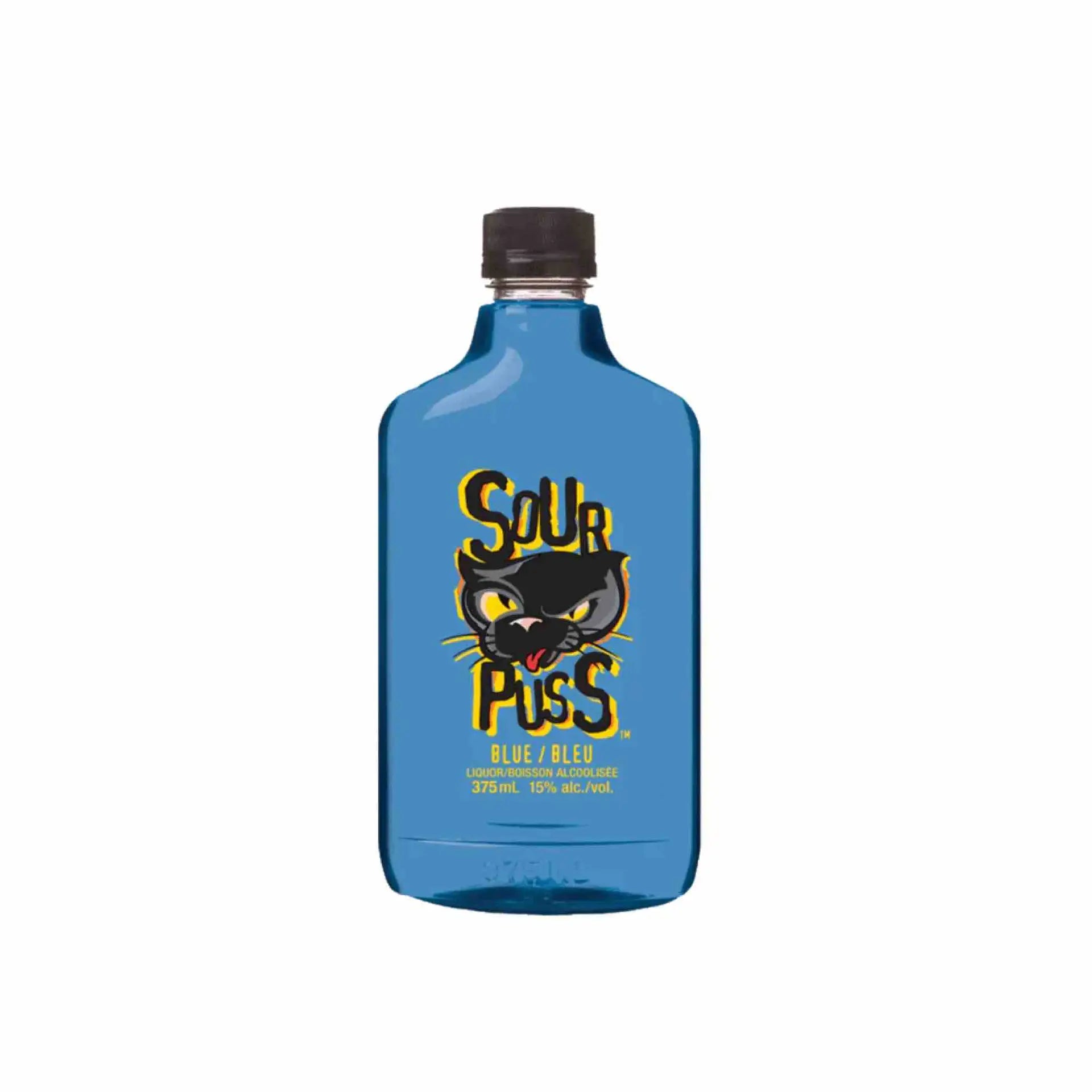 Buy Sour Puss Blue 375mL, vibrant blue liquor bottle with black cat logo, 15% alcohol.
