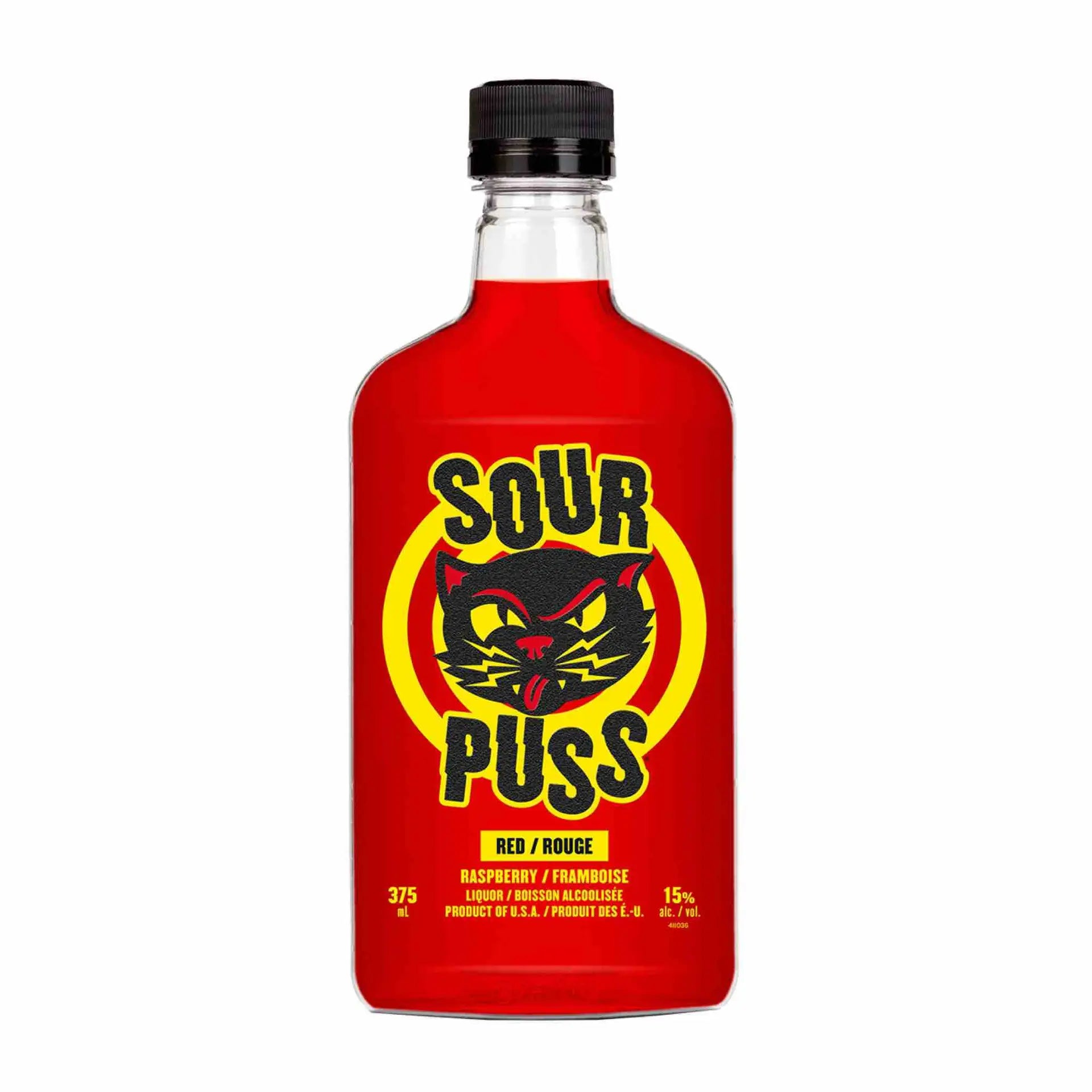 Buy Sour Puss Raspberry 375mL, a vibrant red fruit-flavored alcoholic beverage bottle