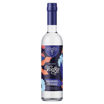 Squirrel Friendz Inclusive Vodka 750mL bottle with colorful label featuring playful squirrel design and vibrant artwork.