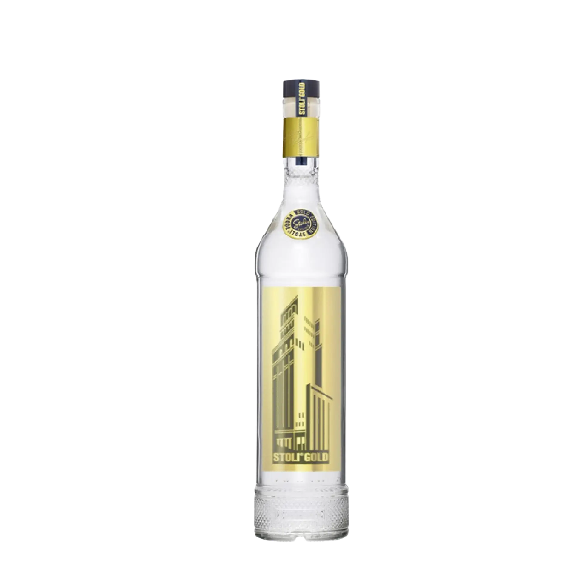 Buy Stolichnaya Gold Vodka 750mL, clear glass bottle with gold label and cityscape design